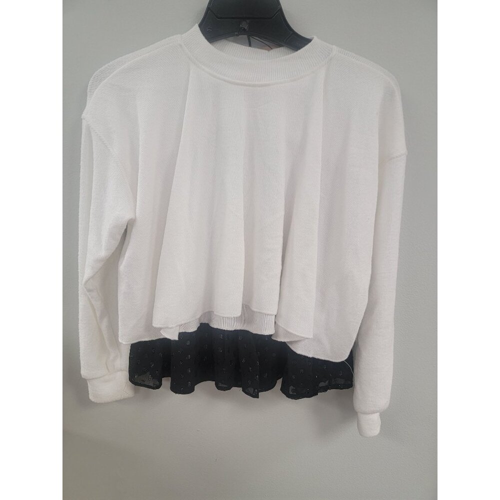 Girls White Long Sleeve Medium Crop Top & Black Ruffled Mini Skirt Set Polka Dot
